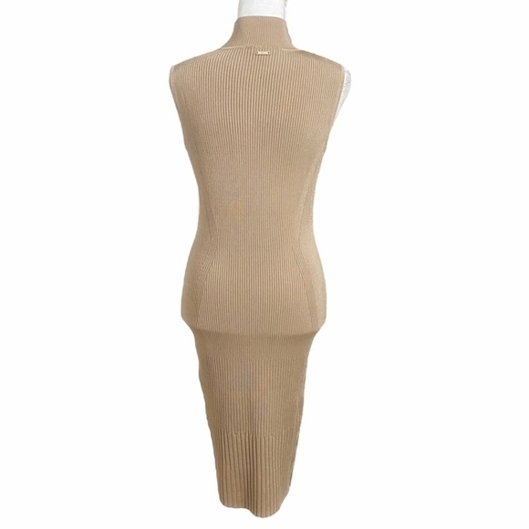 Marciano CAMEL TAN RIBBED STRETCH MOCK NECK SLEEVELESS BODYCON DRESS - Picture 3 of 9